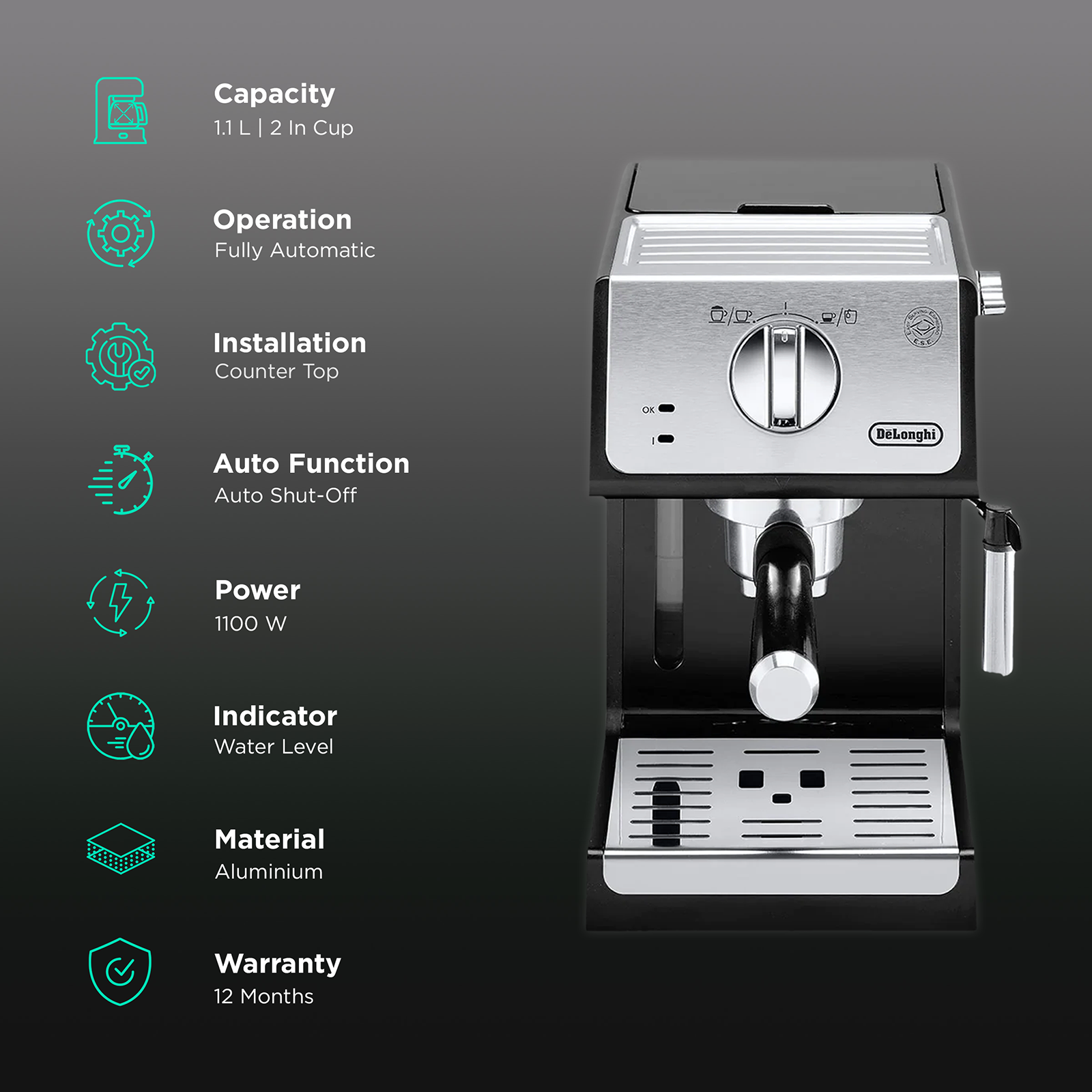 De Longhi Active Line ECP33.21.BK 2 1100 Watt 2 Cups Automatic Cappuccino Coffee Maker with Thermoblock Technology Black